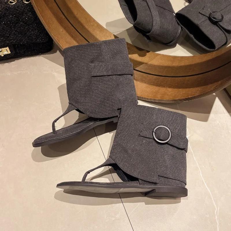 Fashion Retro Flip-toe Sandals Women 2025 Summer New French Loose Sleeve Flat Roman Shoes Fashion Short Bobbin Tube Cool Boots