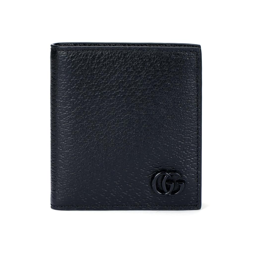 Gucci GG Marmont Bi-Fold Geldbörse, Schwarzes strukturiertes Leder mit mattschwarzer GG-Hardware, Schlanke kurze Herren-Geldbörse für den täglichen Gebrauch 722737-1T56F-1000