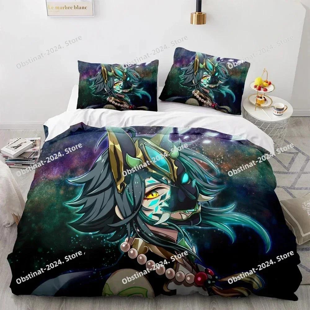 Anime Genshin Impact Bettwäsche-Set Gedruckt Einzelne Bettdecke Steppdecke Bettbezug Kissenbezug 3-teilige Sets Kinder Erwachsene Größe