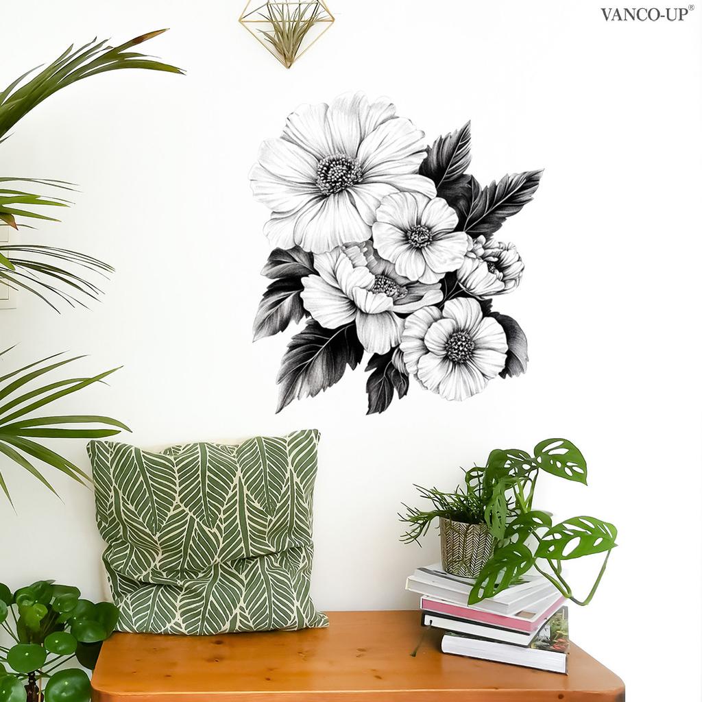 Black and White Floral Toilet Wall Stickers, Self-Adhesive Decals for Bathroom Bedroom Living Room Background Wall Decoration