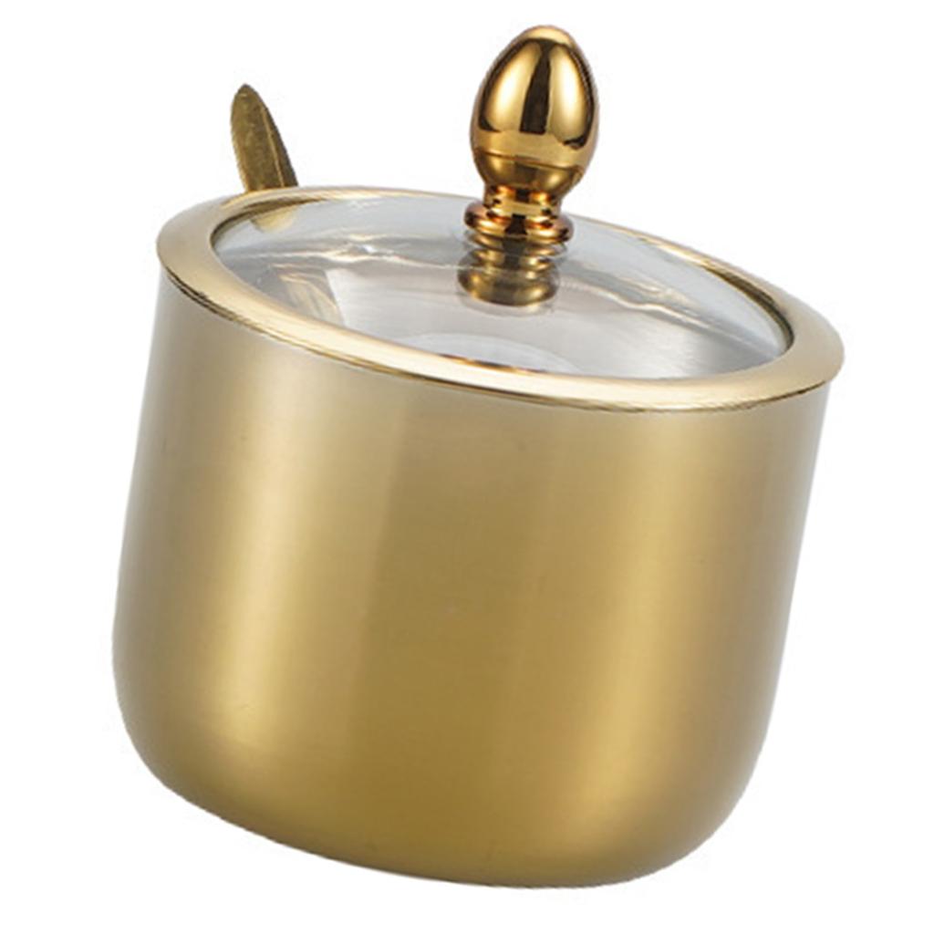 Stainless Steel Sugar Containers Gold/Silver 304 Stainless Steel Sugar Bowl Clear Lid Spoon Kitchen Condiment Pot