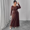 Women's Long Sleeve Pleated Belted Maxi Dress Comfortable Drape with Metal Buttons