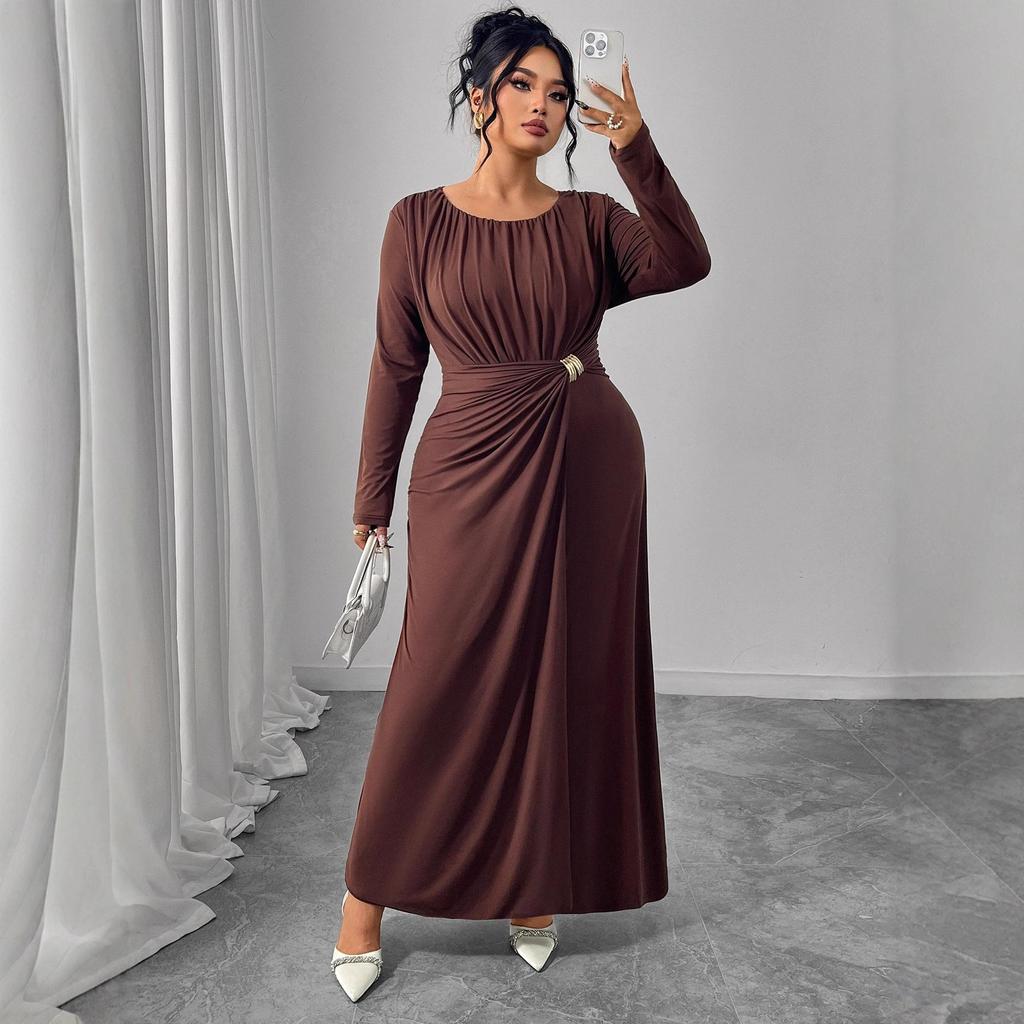 Women's Long Sleeve Pleated Belted Maxi Dress Comfortable Drape with Metal Buttons