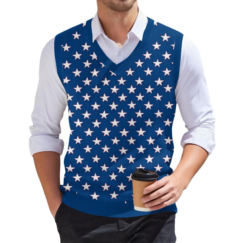 Herr Mode Tryckt V-ringad Ärmlös Stickad Pullover