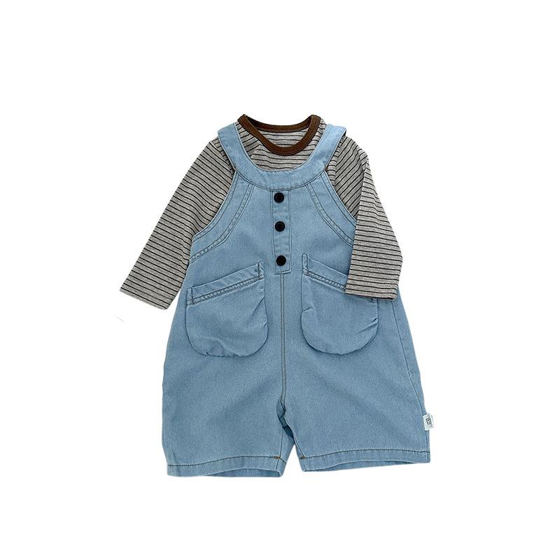 Han Fan Boys And Girls Retro Overalls Spring And Autumn New Baby Versatile Striped Bottoming Shirt Two-Piece Set