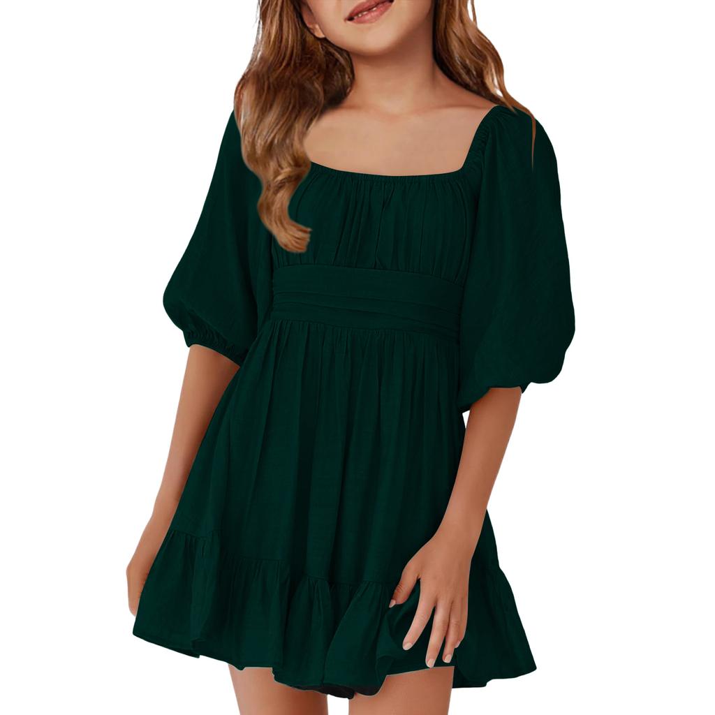 Children's Casual Bubble-Sleeve Backless Waist-Tied Bow-Pleated Dress