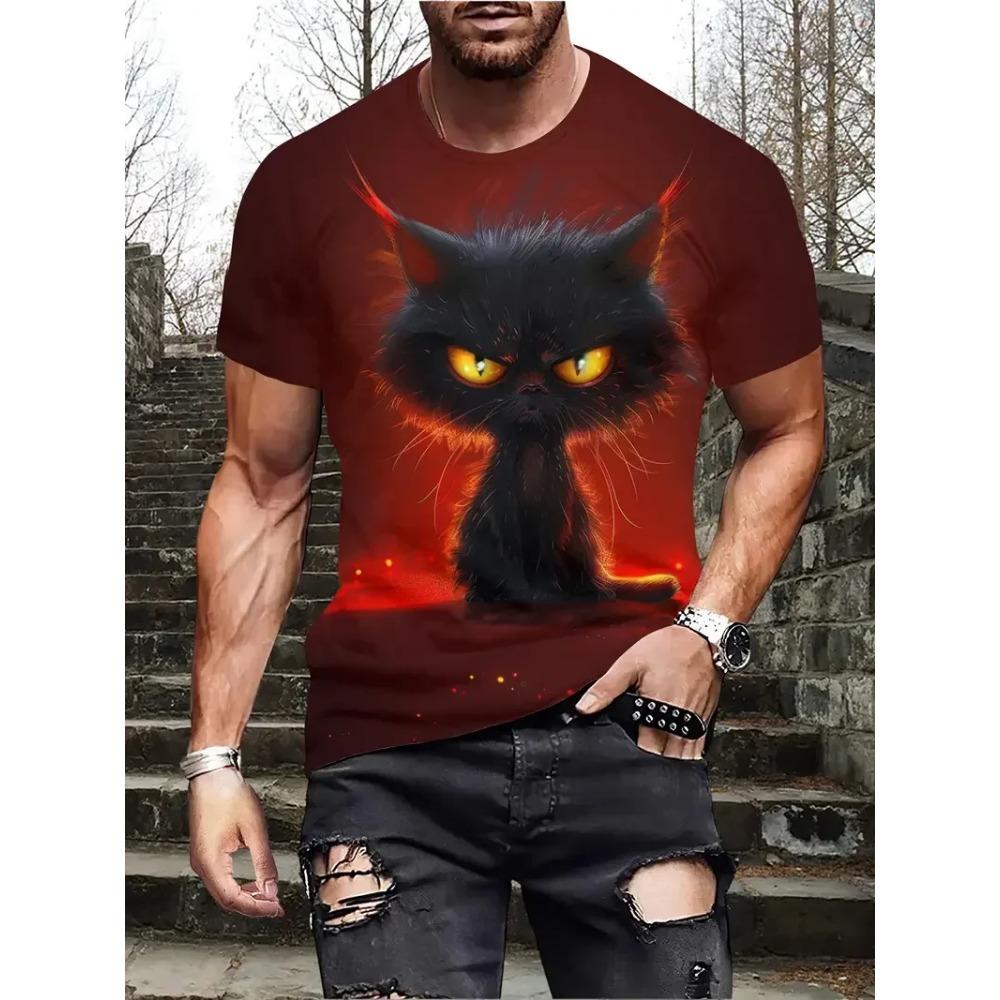 Summer Round Neck 3D Print Funny Cat Pattern Top Fashionable Casual Short Sleeved Men's T-shirts