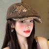 Leopard Denim Beret Hat Star Rivet Forward Hat Vintage Newsboy Cap  Harajuku Style