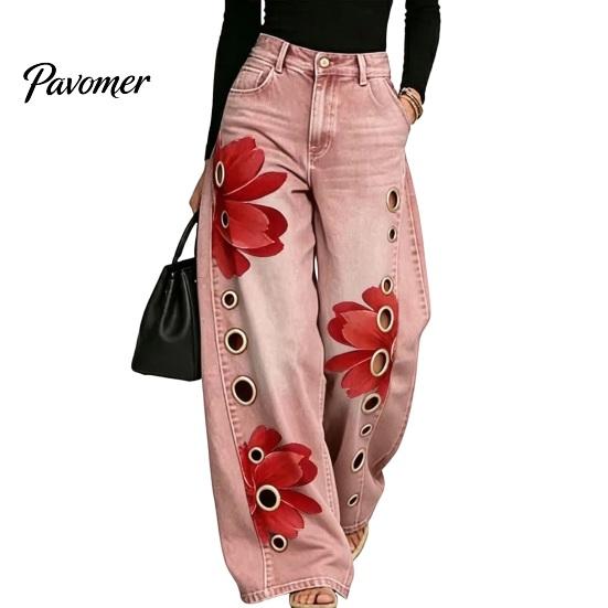 Daily Wear Pants Women High Waisted Wide Leg Jeans, Vintage Floral Print Faux Denim Inspired Trousers, Loose Fit Casual with Pockets & Metal