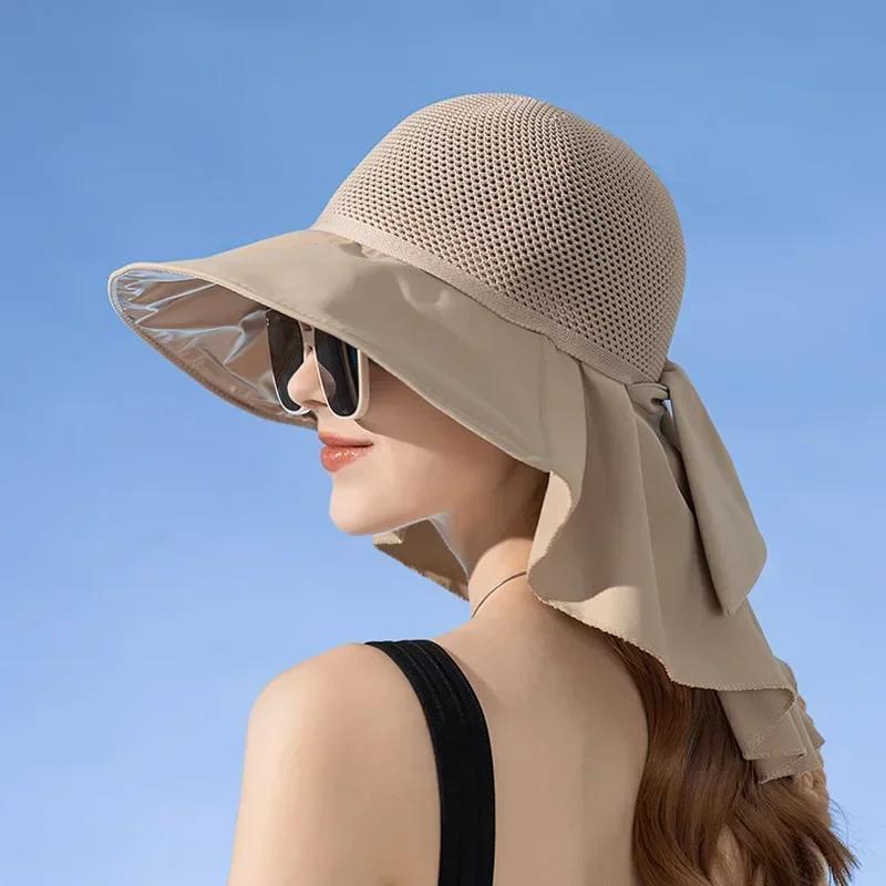 

Women s Summer Bucket Hat with Shawl - Lightweight Breathable Mesh Sun Hat, Neck Protection Bow Design Beach Cap One Size хаки