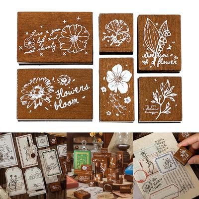 Ensemble de 6 Tampons en Bois et Caoutchouc Style Vintage, Tampons pour Journal DIY Artisanat Album de Scrapbooking Agenda Carte