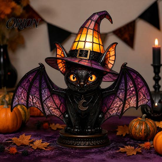 Atmosphärische Beleuchtung für Schlafzimmer Schwarze Katze Hexenhut Tischlampe, mit verträumtem lila Licht, dunkle Ästhetik Gothic Ornament Retro Halloween Ornament,