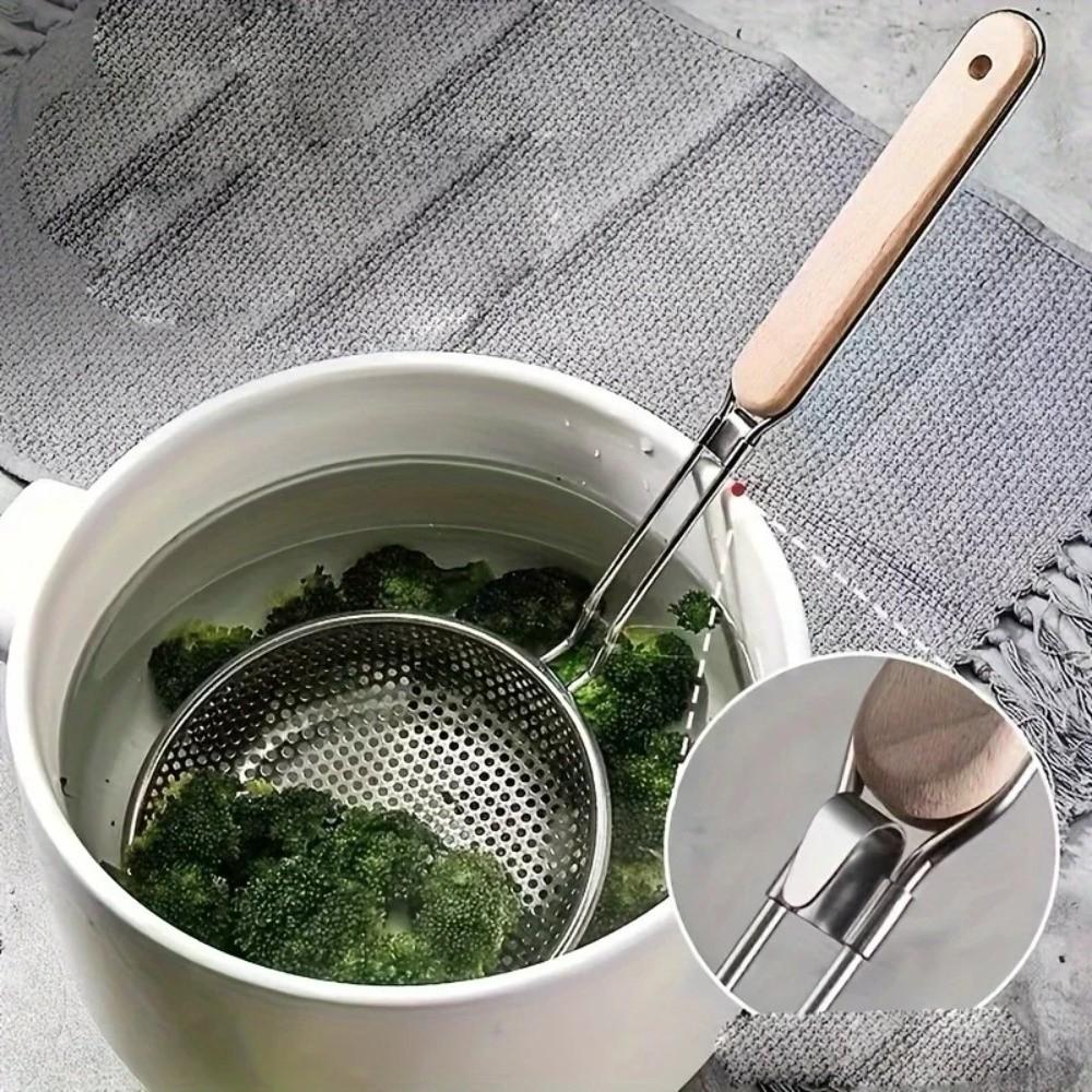 New Thickened Stainless Steel Strainer Fine Mesh Wooden Handle Skimmer Spoon Long Handle Dumpling Strainer Kitchen Tool