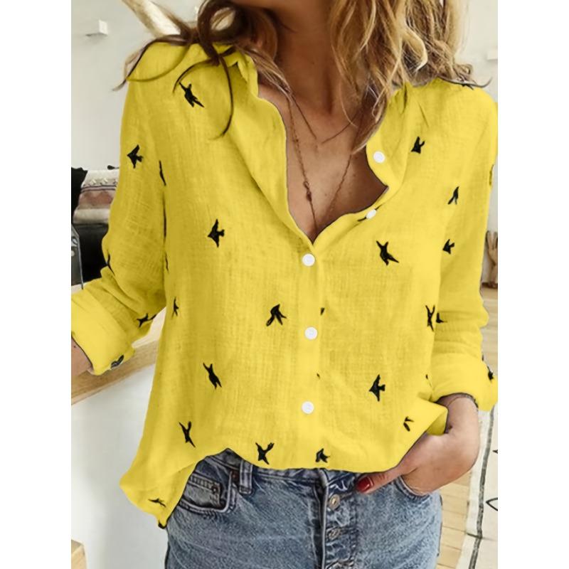 Bird Print Button Front Shirt, Casual Long Sleeve Shirt For Spring & Fall, Women's Clothing