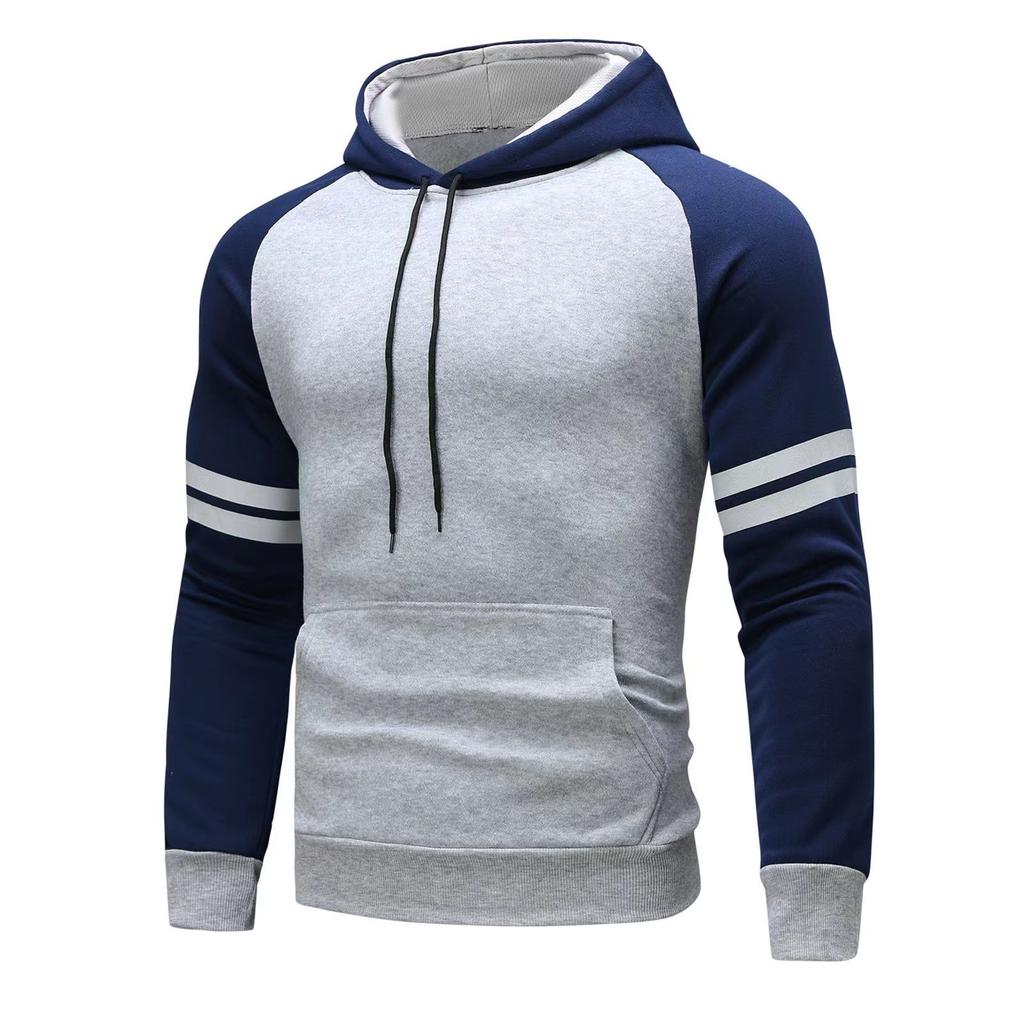 Men's Casual Loose Sweatshirt Blocking Color Drawstring Large Pocket Hoodie Raglan Sleeve Sports Sweatshirt