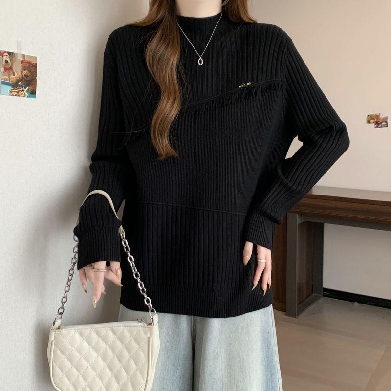 Утолщенный вязаный свитер с кисточками и полувысоким воротником Большой размер свободный крой для женщин Осень зима 3XL 140-150 jin чёрный 2600₽