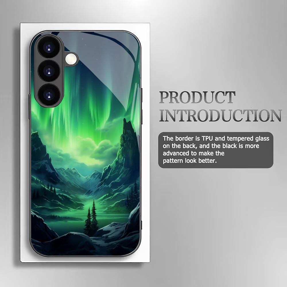 Green Aurora Tempered Glass Phone Case Suitable for Samsung Galaxy S26 S25 S24 S23 S22 S20 FE/Ultra/Plus Anti Drop Back Cover