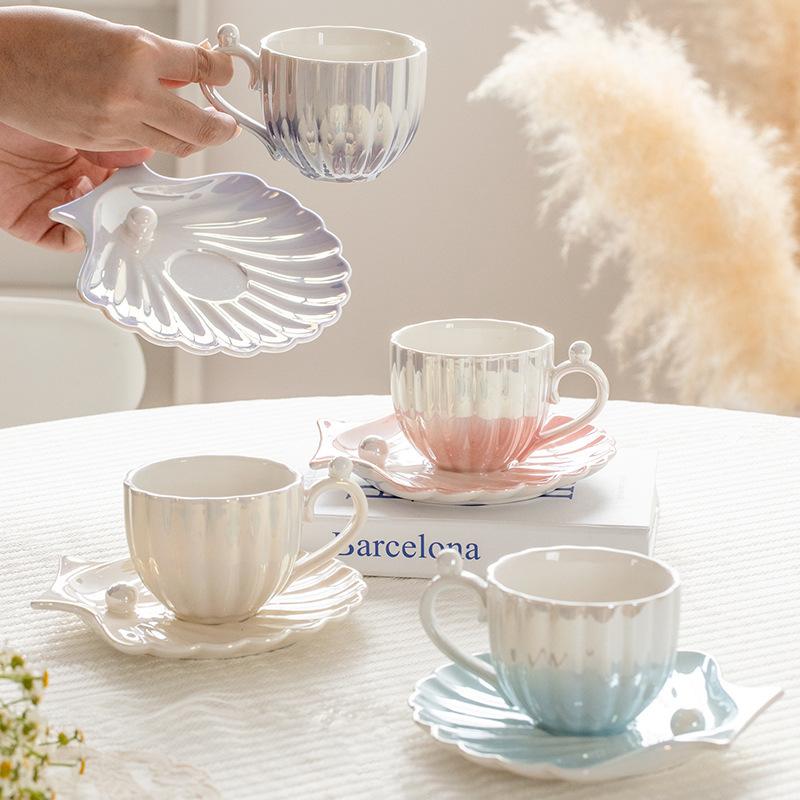 Gradient Pearl Shell Ceramic Coffee Cup European Coffee Cup Saucer High Value Ceramic Cup Saucer