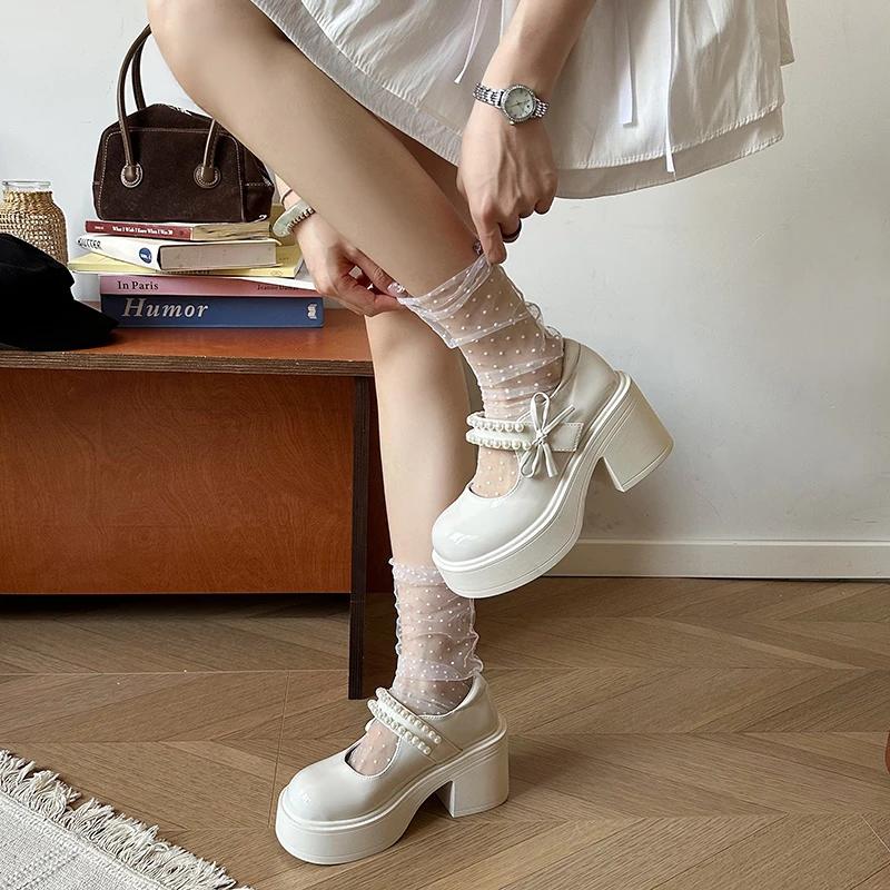 Women's Lolita Style Shoes 2025 French One Pearl Bow Round Toe Chunky Heel Mary Jane Shoes High-heeled Thick-soled Women Shoes