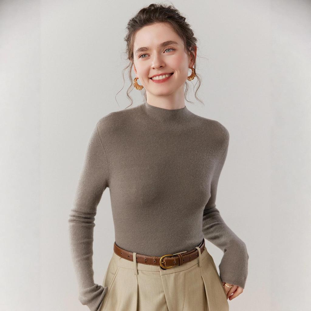 Velvet Seamless Slim-Fit Cashmere Sweater, Thin Knit, Half-High Neck, Skin-Friendly, Autumn/Winter Base Layer.