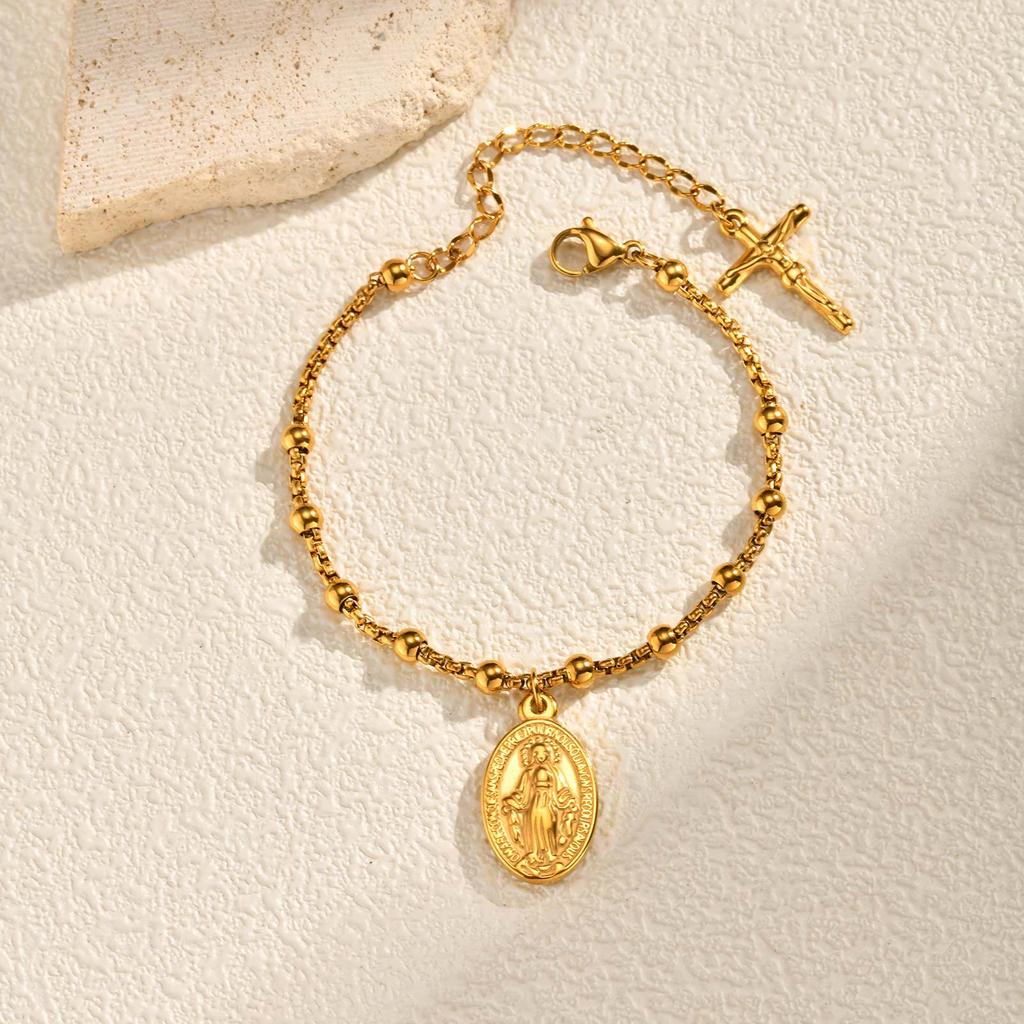 Religious Jesus Cross Rosary Bracelet for Women, Stainless Steel Virgin Mary Charms Bracelets Gold Plated Prayer Jewelry