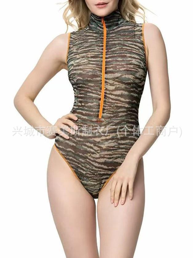 Bañador de una pieza de malla sexy con cremallera, estilo europeo y americano, para mujer