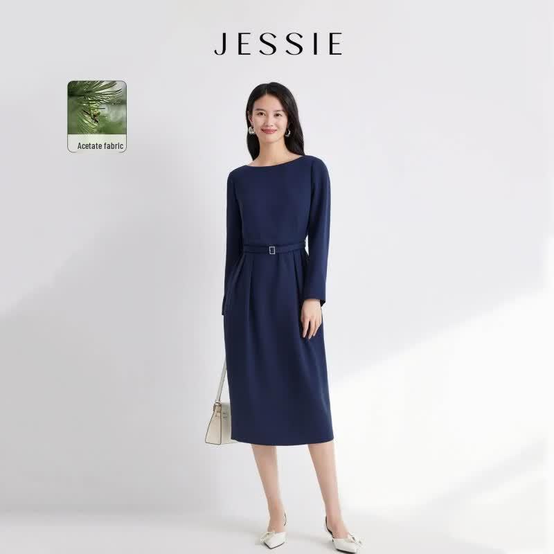 JESSIE Elegant Boat Neck Waist-Cinching Dress S