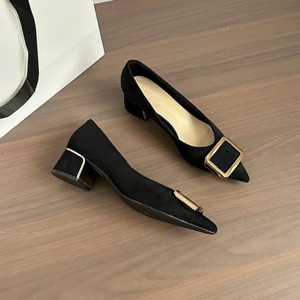 Fashion Pointed Toe Shoes for Women Work Career Office with Medium Heels Black Woman Footwear Metal Decoration Square E Korean Style