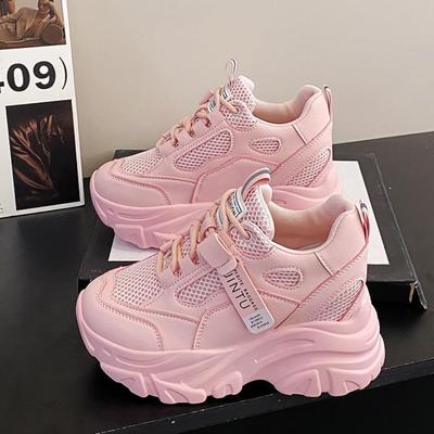 Tênis de Malha Respirável de Verão da Moda Salto Escondido de 9,5CM Primavera Plataforma Alta Branco Esportivo Tênis de Pai Cunhas Casual Tênis Chunky
