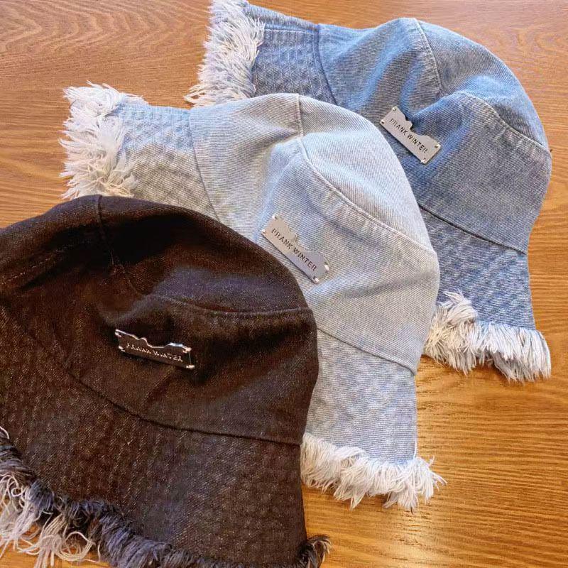 Korean Denim Bucket Hat for Women Vintage Metal Label Fisherman Cap Summer Lady Girl Sport Hiking Bob Caps
