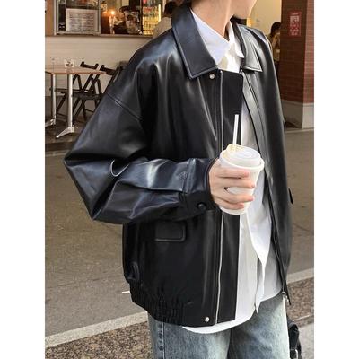 Brown Leather-Like Jacket Women's Hong Kong Style Autumn Winter Loose Fit American Vintage Motorcycle Jacket Top