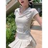 PPHOME Bow Embroidery POLO Neck Short Sleeve Women's Summer New Design Folds Slim T-Shirt Women