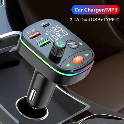 Trasmettitore FM Bluetooth 5.0 per Auto 2 in 1 Caricabatterie per Auto Dual USB 3.1A+Type-C Ricarica Rapida Luce Ambientale Kit Vivavoce per Auto Supporto Lettore Mp3 Scheda TF