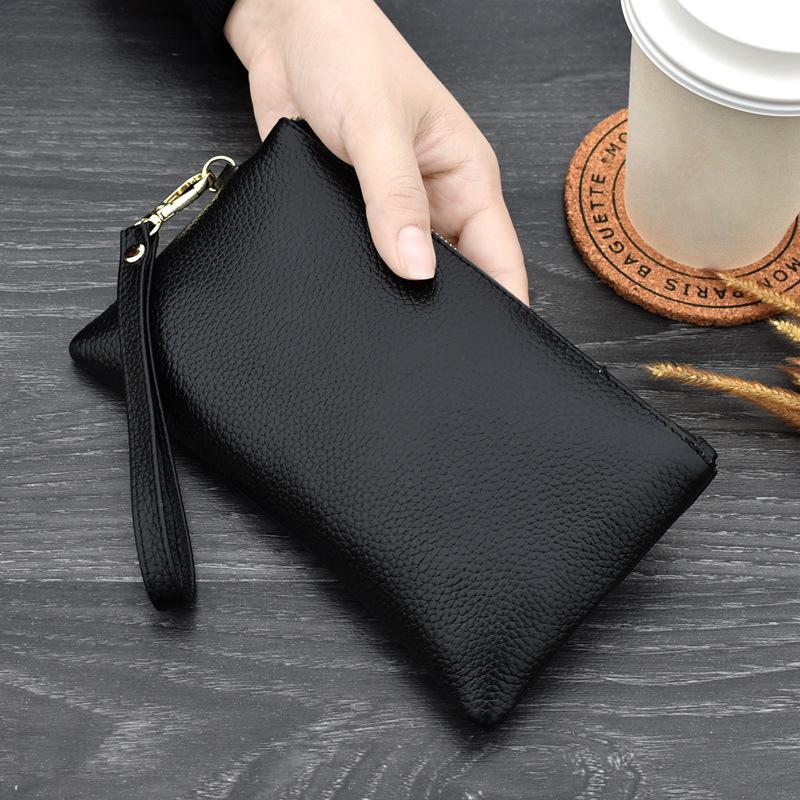 Simple Style High Capacity Womens Genuine Leather Phone Holder Long Purse Zipper Clutches HandBag with Wrist Strap