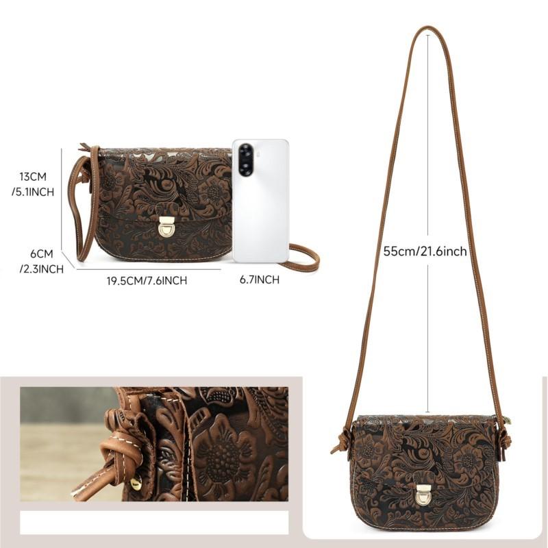 Johnature Women's Genuine Leather Shoulder Bag Versatile Cowhide Embossed Buckle Retro Crossbody Bag