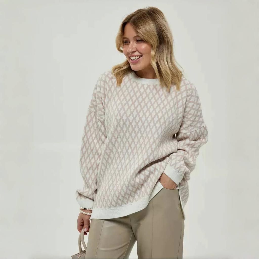 Oversized Plaid Sweater for Women Autumn Winter Soft Warm Pullovers Knitted Top