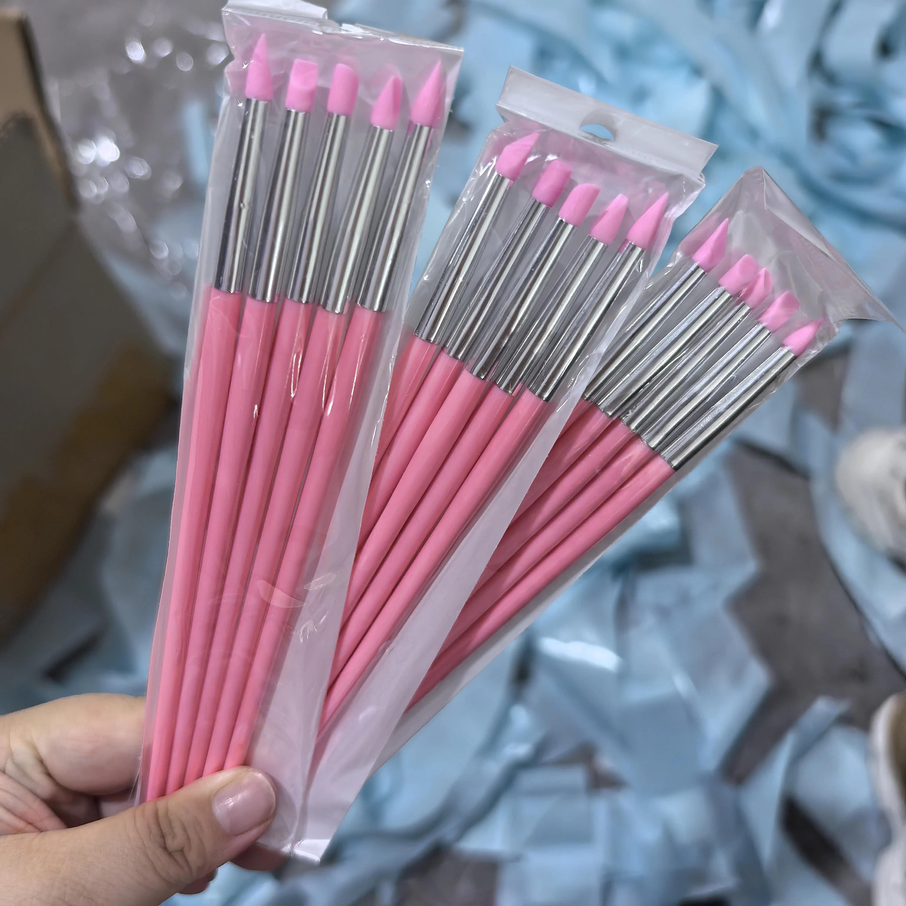 

5pcs Small-Head Nail Silicone Carving Brushes Long Pink Nail Point Nail Pen DIY Dotting Manicure Gel Shaping Nail Painting Pens