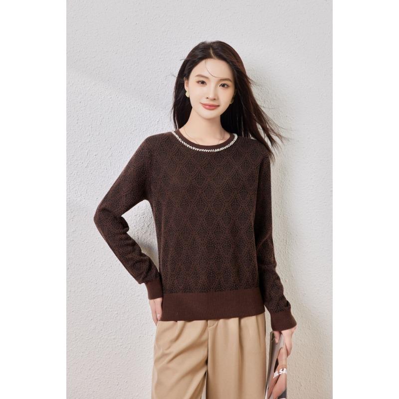 Silk-containing Wool Sweater Women's Autumn New Beaded Top Round Neck Lazy Fan Knitted Sweater Backing Sweater