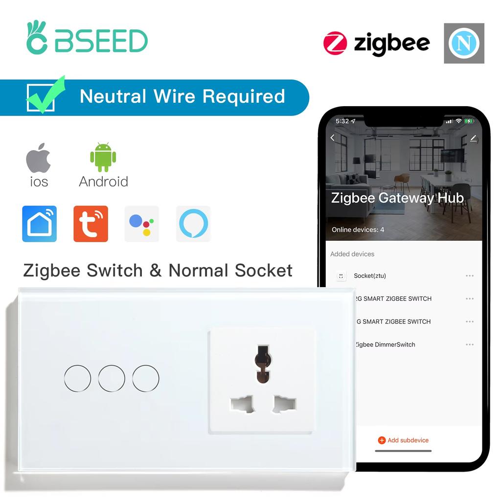 BSEED Zigbee 1/2/3Gang Touch Smart Light Switches 1/2/3Way Tuya Smart Life App Control Plus Universal Wall Socket Plugs