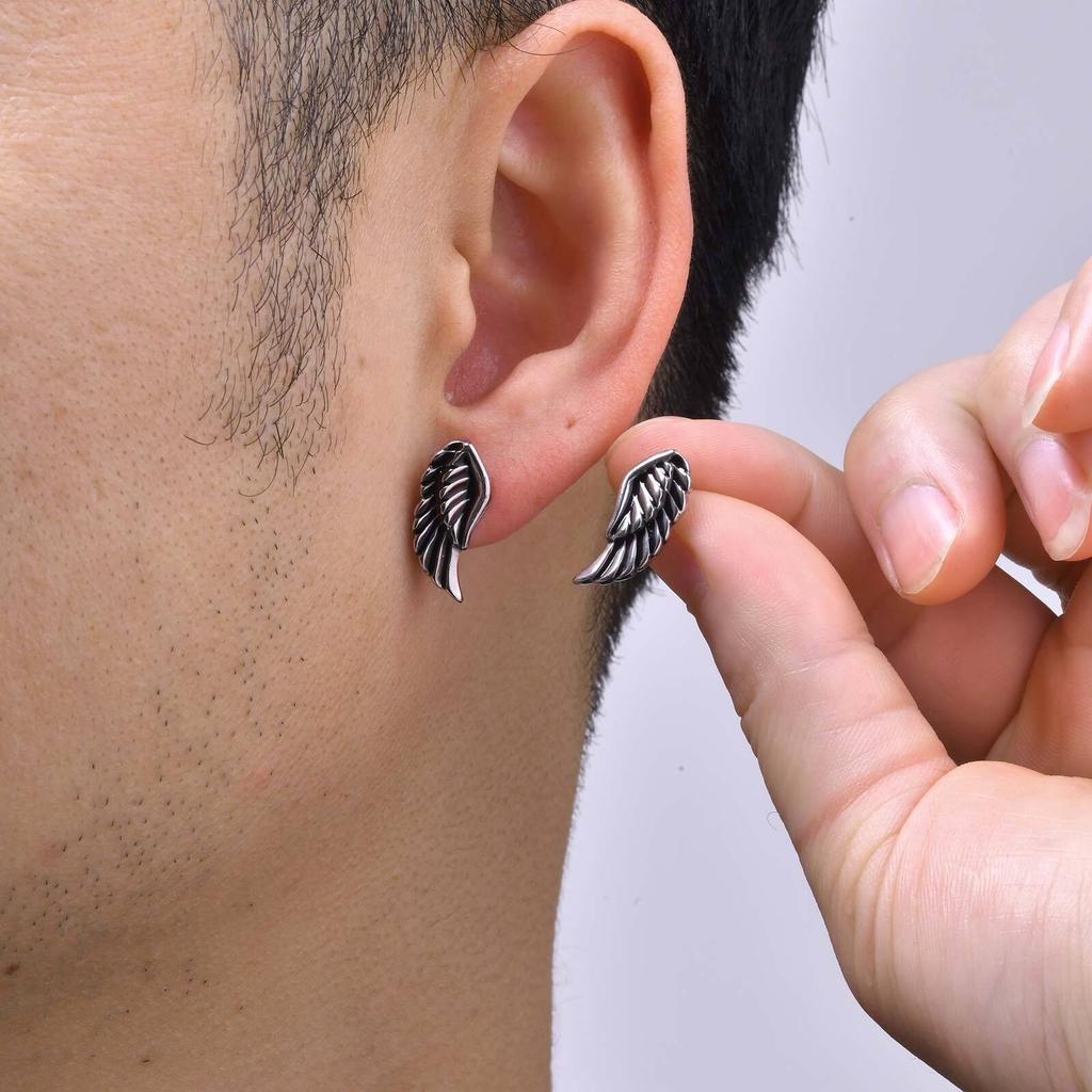 Vnox Gothic Devil Wing Stud Earrings, Angel Feather Piercing Ear Jewelry, Mens Boys Vintage Brincos