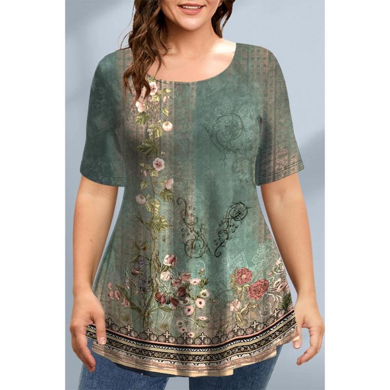 Summer Round Neck 3D Floral Butterfly Printed Top Fashionable Casual Short Sleeved Women's Plus SizeT-shirts