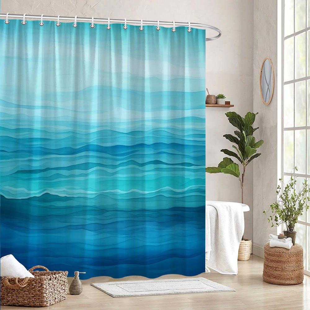 Ocean Gradient Shower Curtain 1pc – Layered Blue and Teal Waves, Calm Water Art Bath Curtain for Tranquil Home Decor