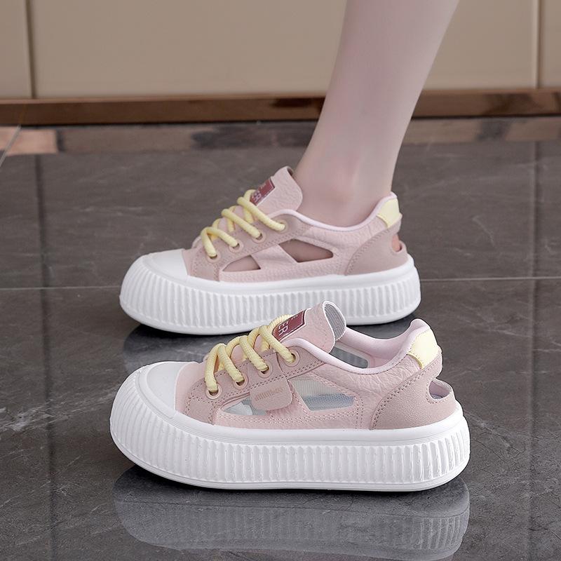 Platform sandals women's 2025 new summer baotou stepping on shit feeling hollow white shoes pregnant women sports shoes board shoes M63