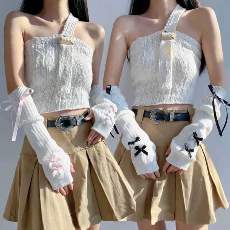 1pair Female  Fashion Arm Warmers Bowknot Soft Knitted Gloves Women Girl Half Finger Mittens Solid Color Thicken Arm Sleeves