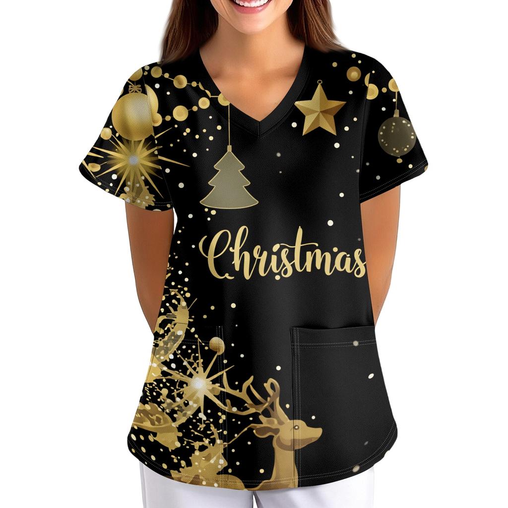 Women's Christmas Print Loose Fit V-Neck Short Sleeve Scrub Top with Pockets for Work