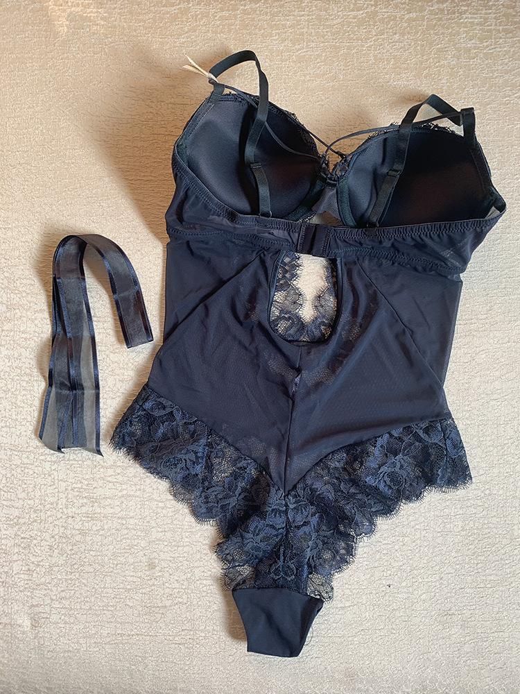 Women Sexy French Style Romper Tight-Fitting Bodysuit Transparent Bowknot One Piece Lace Lingerie