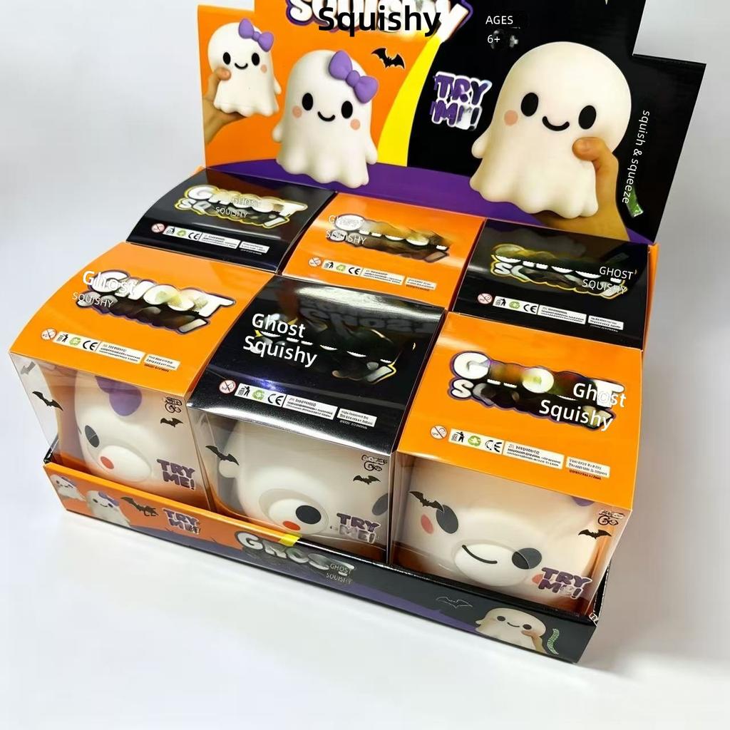 Large Halloween-Themed Rubber Squishy Ghost & Pumpkin Head Stress-Relief Toy