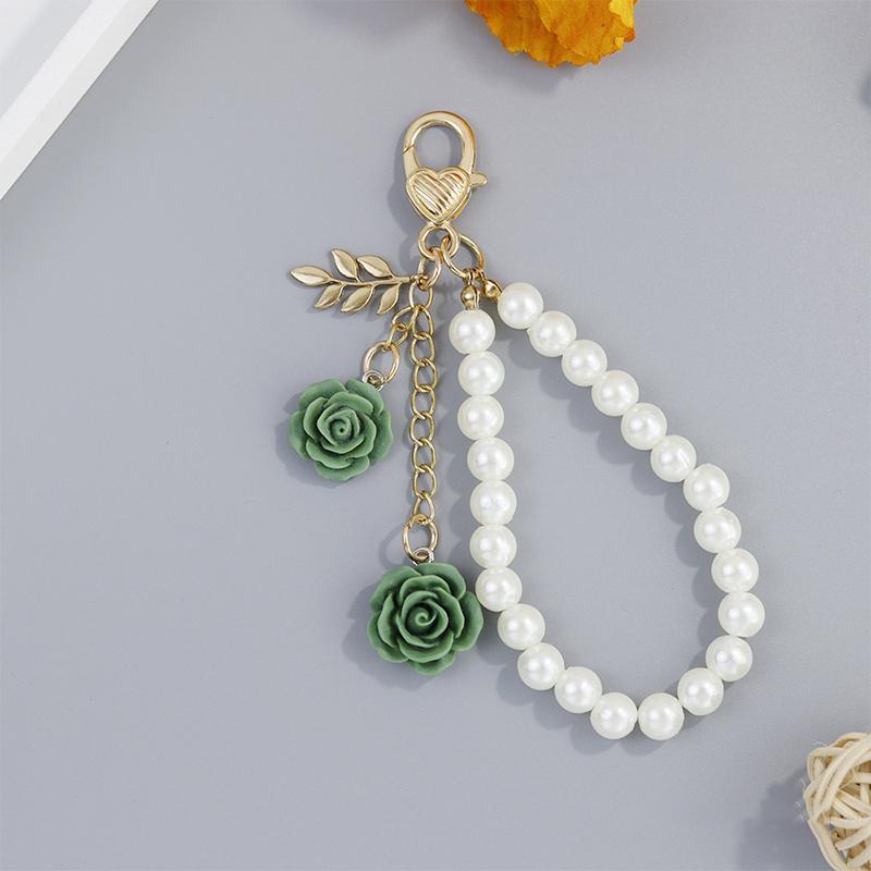 Retro Camellia Flower Pendant Pearl Keychains For Women Backpack Decor Keyring Mobile Phone Beaded Key Chain Diy Jewelry