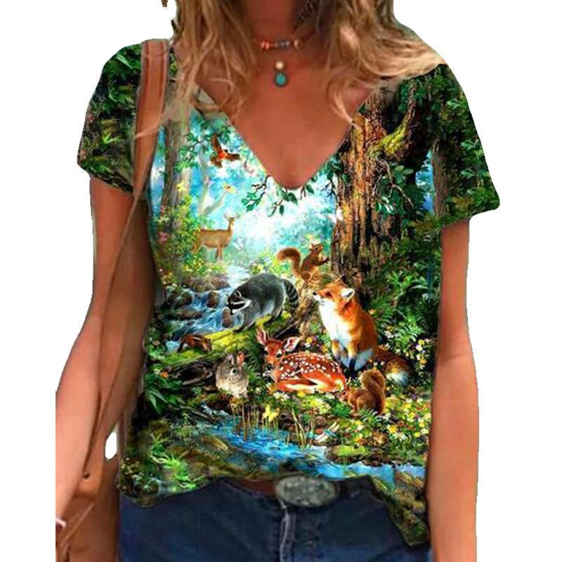 Trendy Women's Casual T-shirt Top V-neck Loose Short Sleeved Top Digital Printed 3D T-shirt