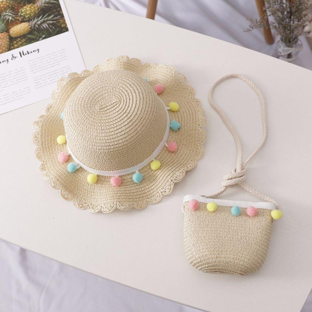 Portable Pompom Ball Summer Hat Colorful Sun Protection Straw Woven Bucket Cap Beach Hat Handbag
